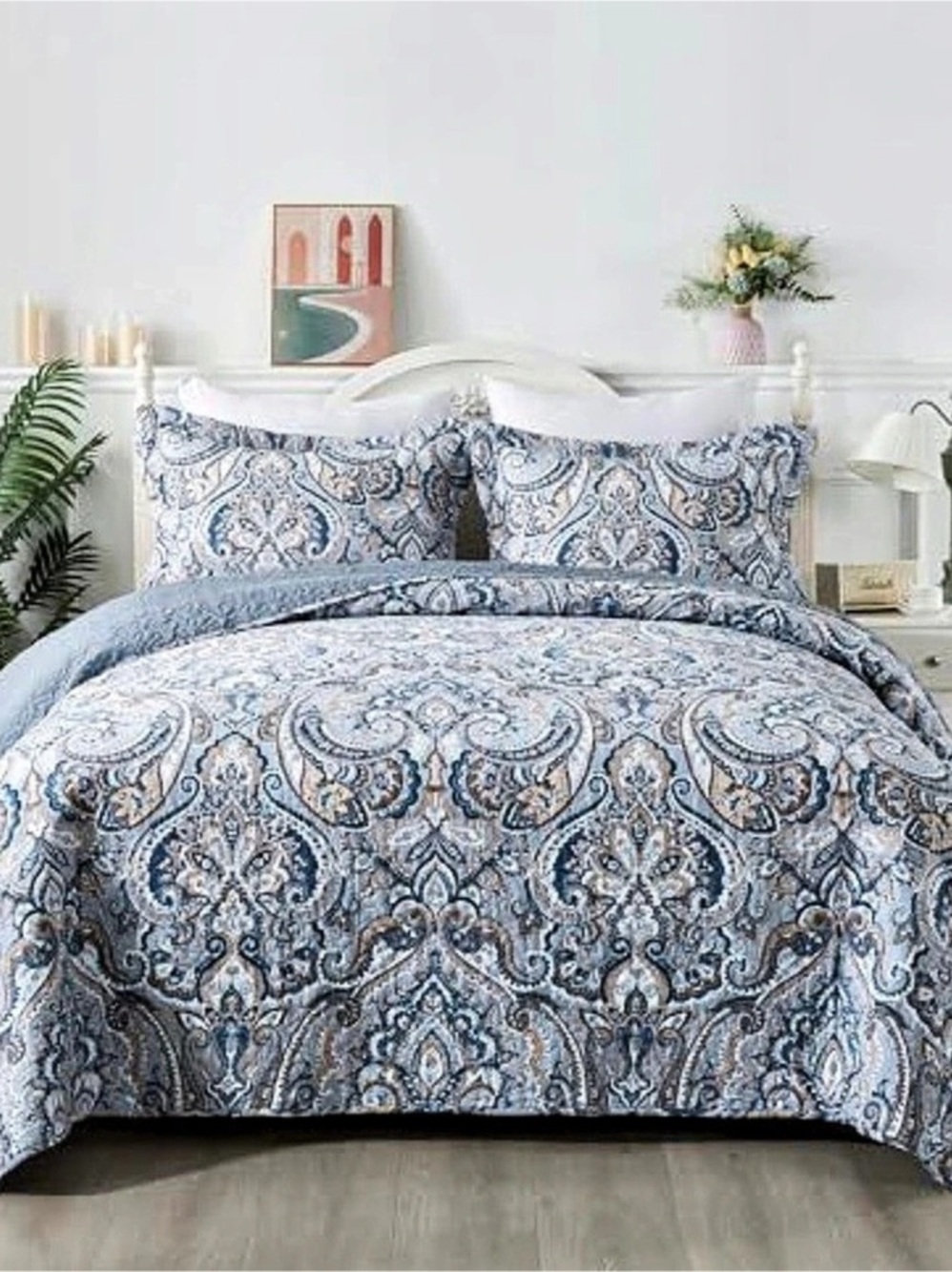Home Fashions Ornate Paisley Medallion Grey Blue Cotton Quilt Set Queen